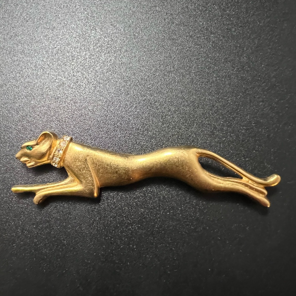 Vintage Jackie Collins Gold Jaguar Brooch Signed Authentic Designer Running Cat
